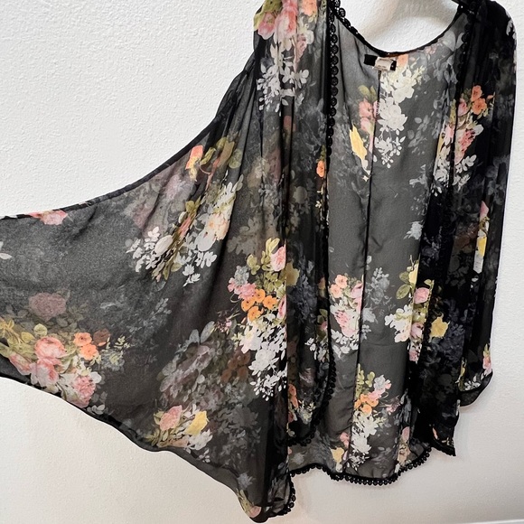 Ing Tops - Kimono Dolman Sleeves Floral Sheer Black Cardigan Small to 3X